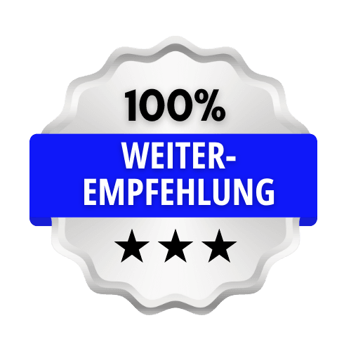 Siegel mit der Aufschrift „100% Weiterempfehlung“ und drei Sternen